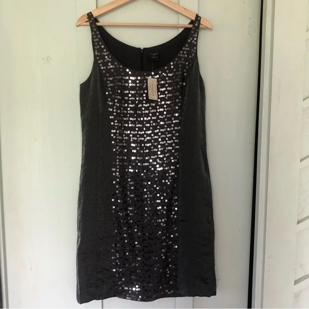 Ann Taylor Party Cocktail Gunmetal Silver Sequin Front Sheath Dress Size 8 NWT - Picture 10 of 14